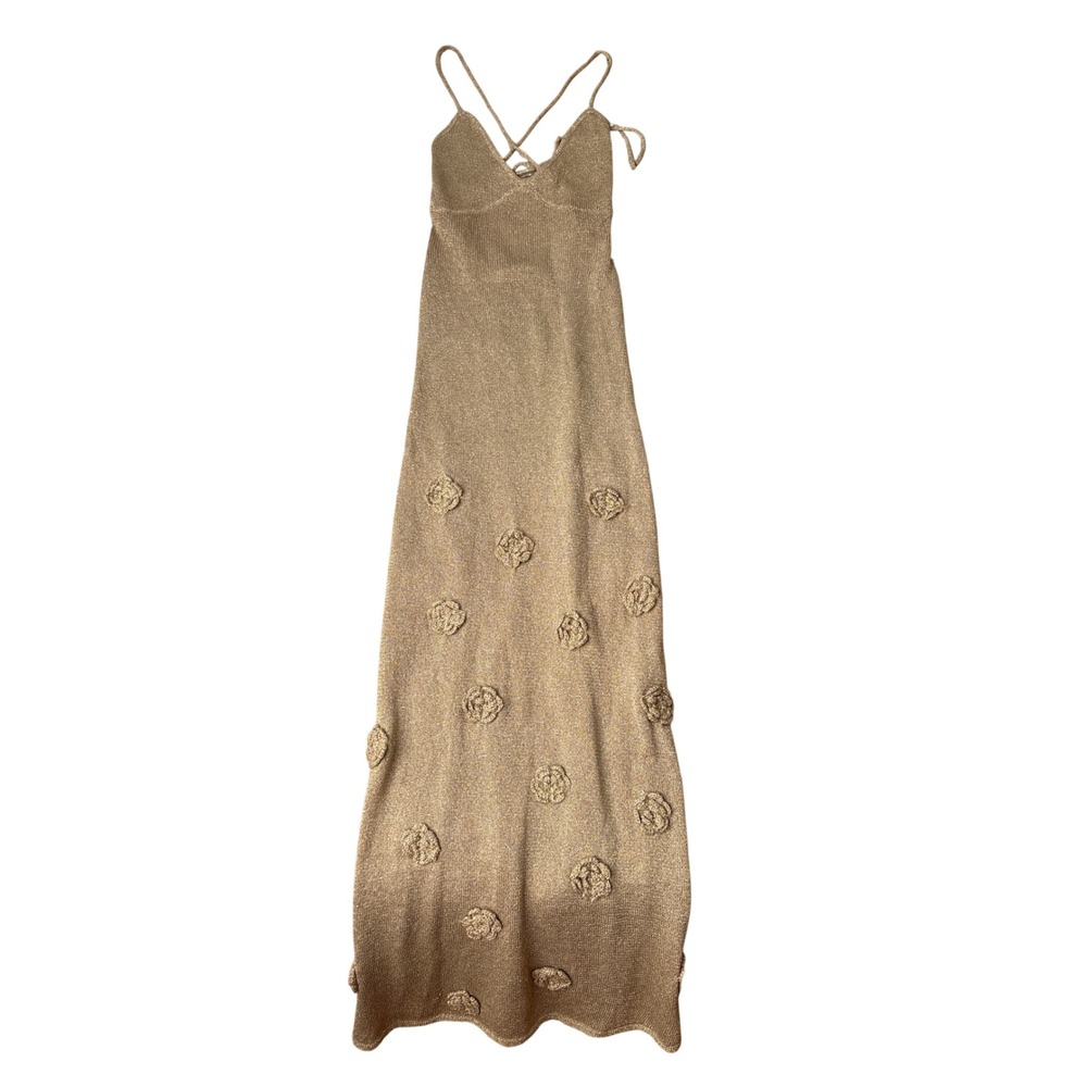 Meshki Suki Metallic Knit Maxi Dress Women Gold 3D Floral Applique SIZE S - Picture 2 of 9
